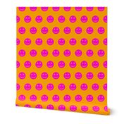 Neon Pink Smiley Faces on Vibrant Orange Background