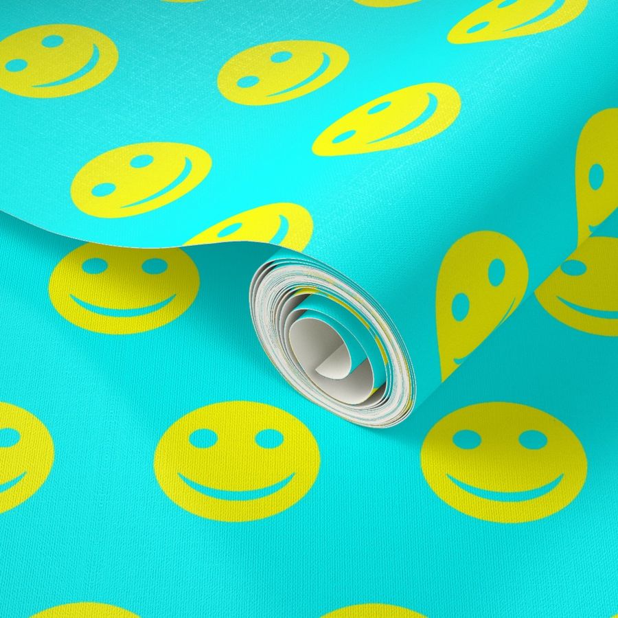     Neon Yellow Smiley Faces on Bright Aqua Background