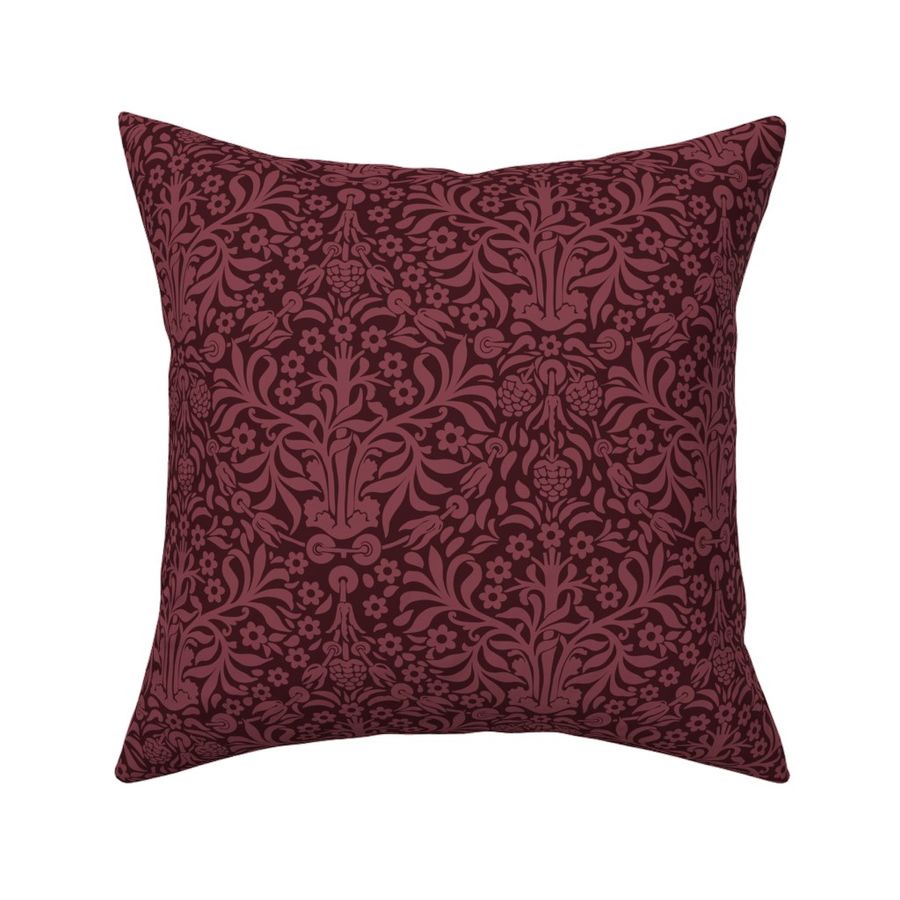 William Morris inspired damask with raspberries, leaves and flower ornaments. wine red / burgundy and dark red - small scale