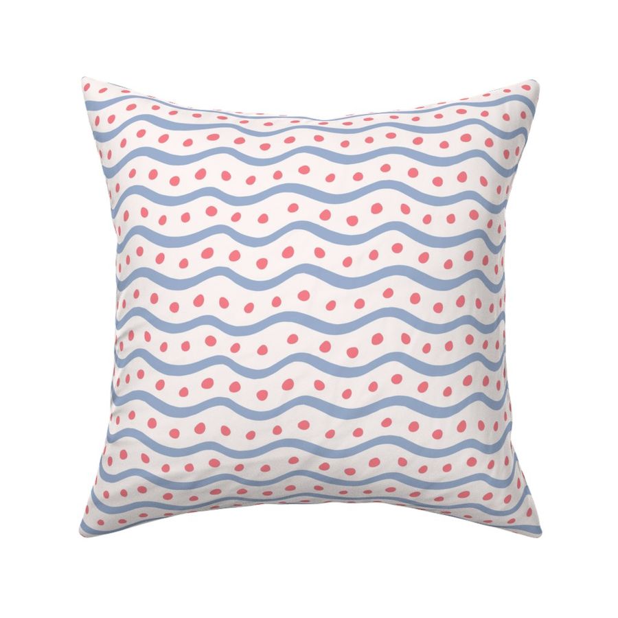 Wavy Dots Stripe In Blue And Coral Red