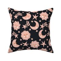 Pink and dark grey Celestial Sky sun moon and stars with linen texture