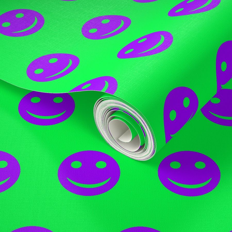 Purple Smiley Faces on Bright Green Background