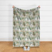 Snowmen’s Coastal Christmas on Gray/Moss Linen