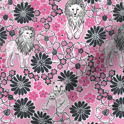 Small - Lovely Lions - pink and black - 60s palm beach style floral tropical preppy fun sunny resort wear beachwear happy dopamine dressing