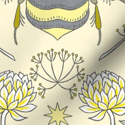 (L) Wild Meadow - Bees Moths and Cover Flowers in a Garden - Pale Yellow and Gray