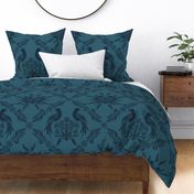 Damask with Australian Flora and Parrot in dusky blue tones nr 2