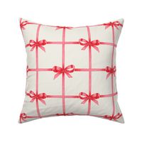 Medium Classical Christmas Red Watercolor Coquette Bows and Window Pane Plaid with Cream / Benjamin Moore Mascarpone White Background