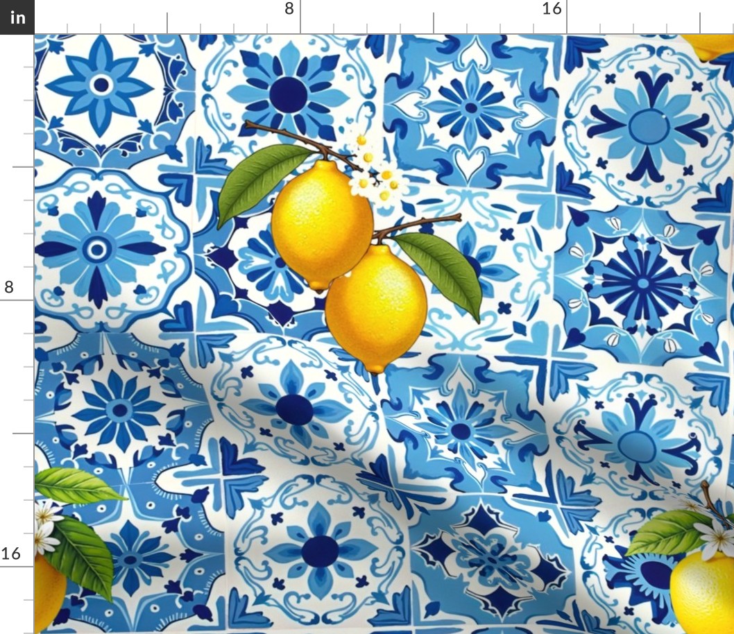 Blue Mediterranean mosaic tiles lemon art big scale