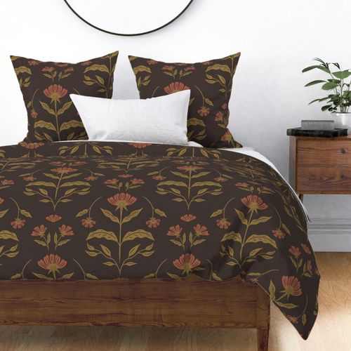 Earthy Floral Pattern in Dark Brown and Yellow Tones in Large Scale