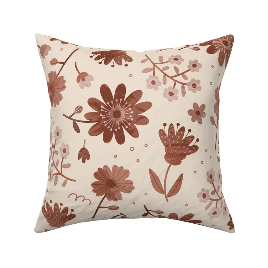 (L) Soft Elegant Boho Textured Floral Print in Warm Rosewood on Light Cream