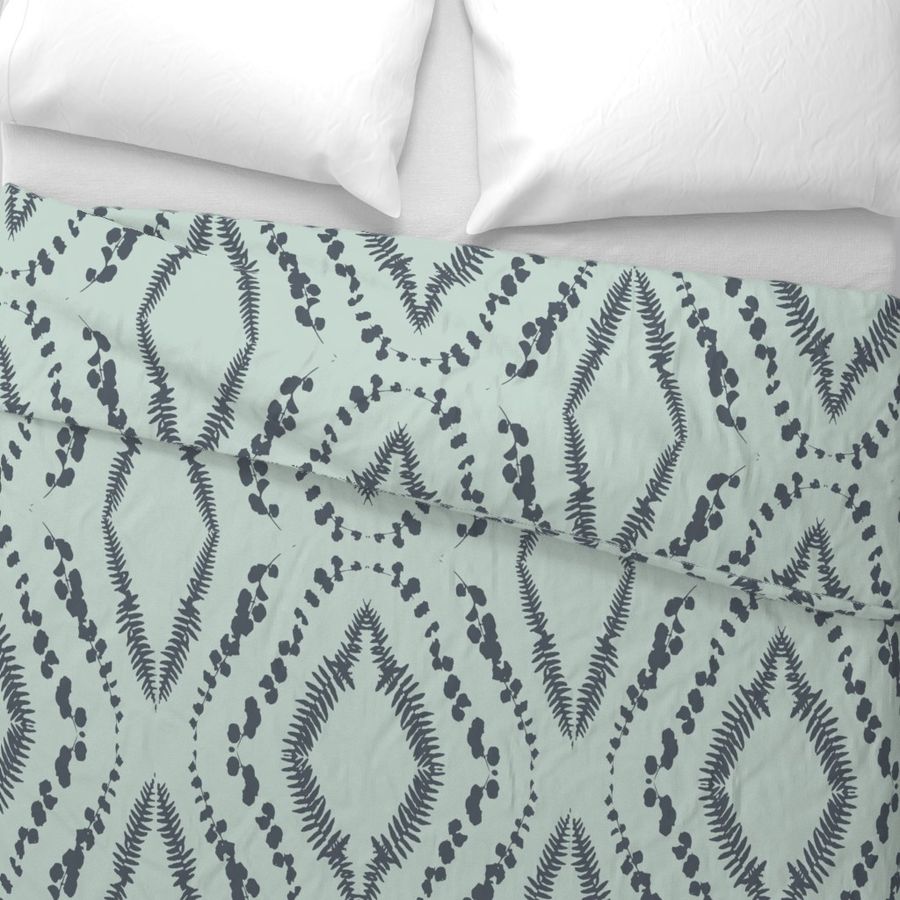 Fern and flower vine diamond pattern in sage green & navy blue