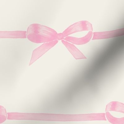 Large Balletcore Pink Watercolor Coquette Bows and Horizontal Stripes with cream / Benjamin Moore Mascarpone White Background