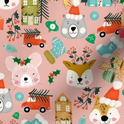 Christmas Woodland Animals-Santa Claus- Bear-Fox-Deer-XmasVillage Pink(M)