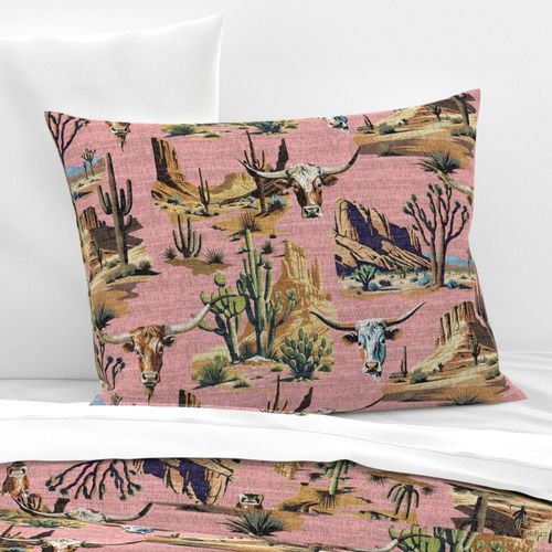 Southwest Longhorn Steers Desert Scenes Rustic Boho Cowboy in Pink