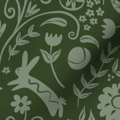 large-bunny and floral cottagecore-light green on dark green