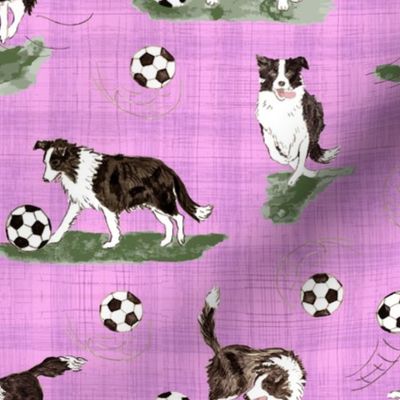 Cute Border Collie Dog Playing Soccer Hot Pink Linen Texture for Kids Room