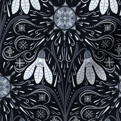 (S) apricity - snowdrop in the sun with ice crystals - folk art black white