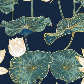 Japanese Lotus Garden Navy Gold White Medium