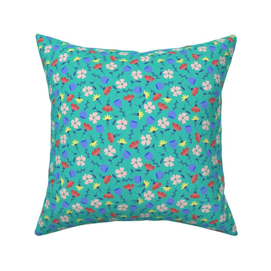 Multicolor Spring Floral Blooms on Aqua Blue