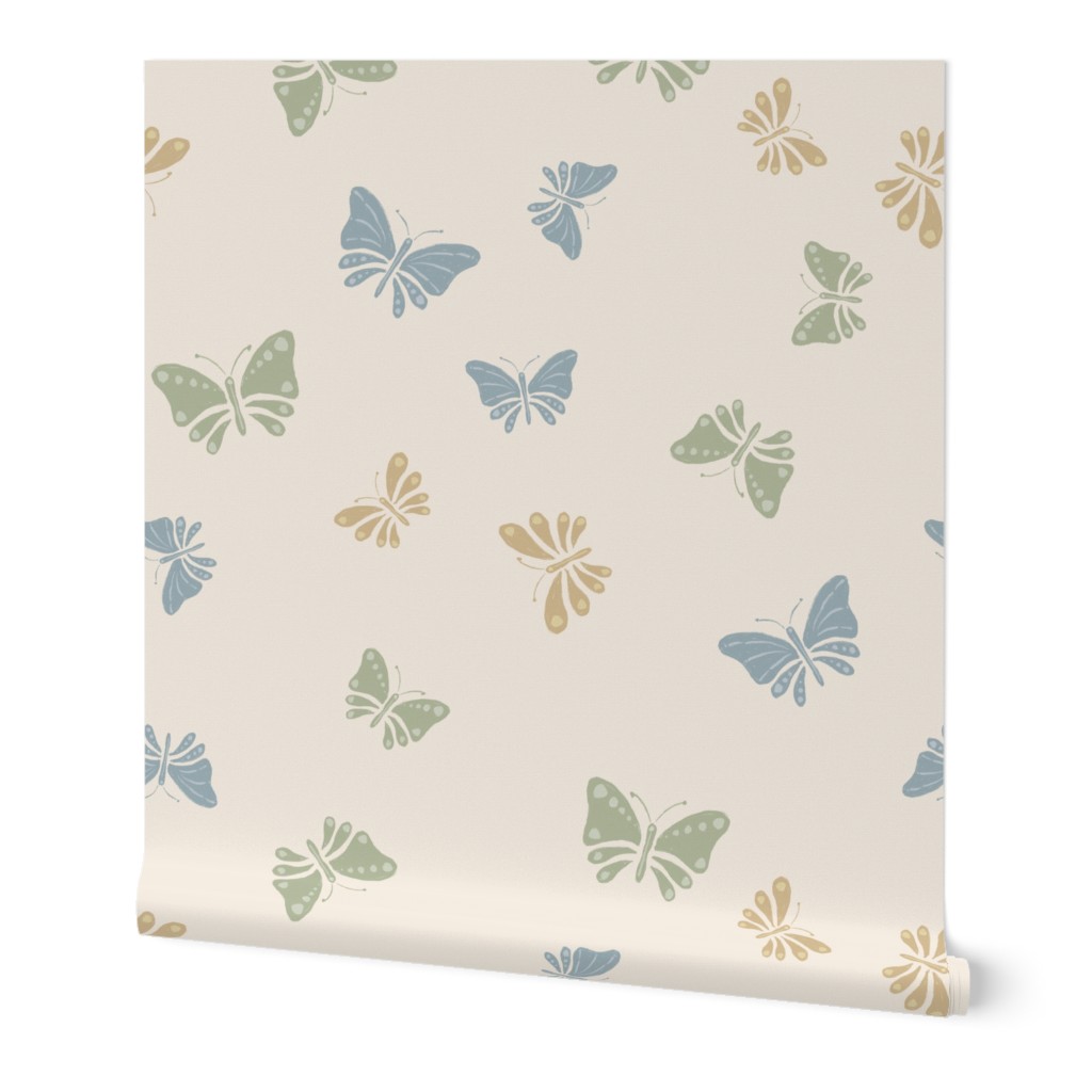 (L) Butterfly Dance - Calm Blue Green Gold Yellow on Cream - Large Scale