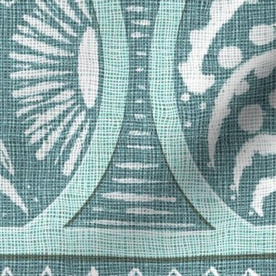 Calm Coastal Celestial Boho Farmhouse Mud Cloth Ikat Linen blue green (L)