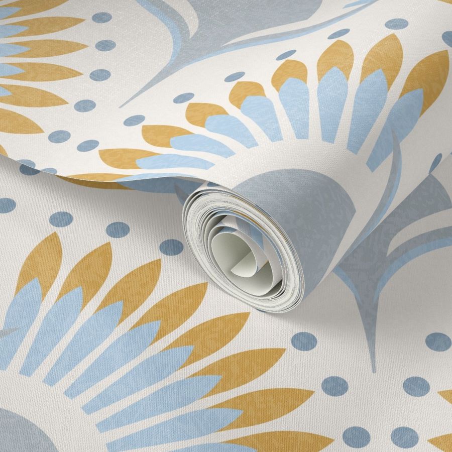 L Art Deco boho retro floral sunflower fan ogee - yellow dusty French blue