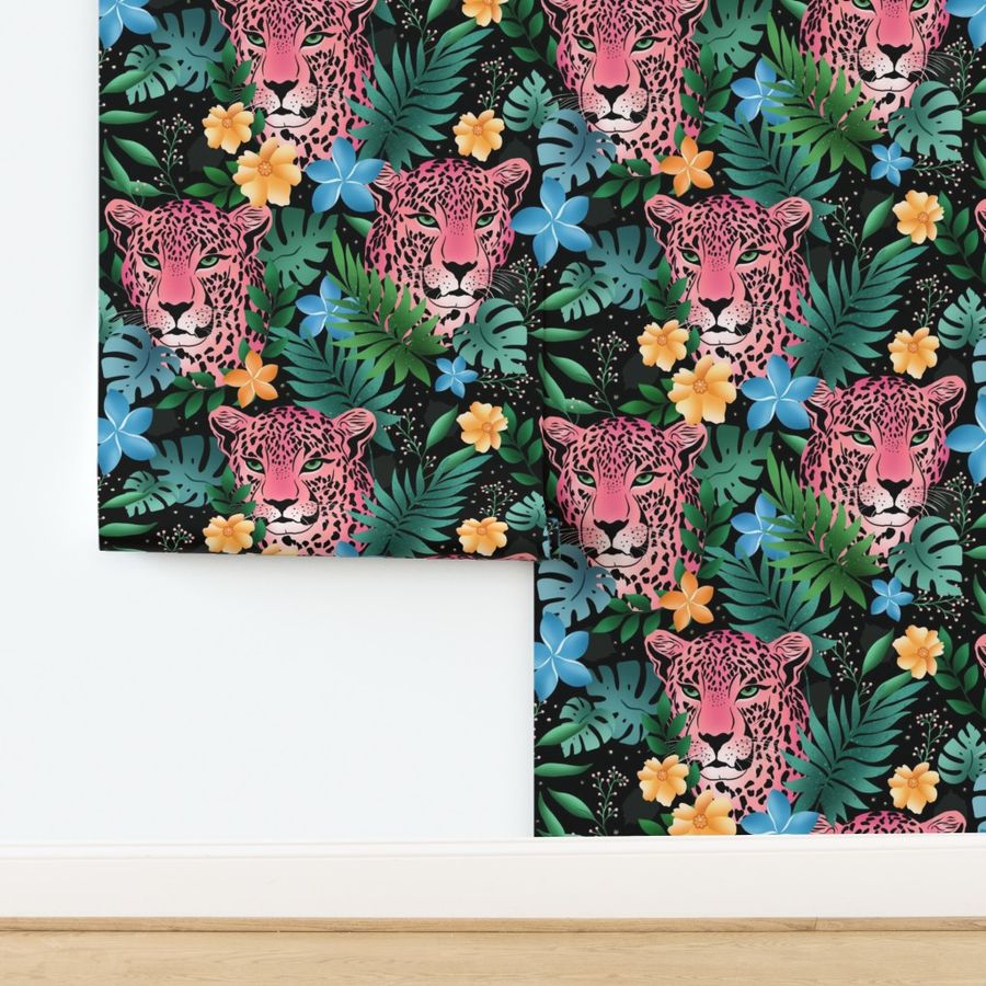 (Large) Tropical Pink Cheetah And Jungle Foliage With Flowers On Black