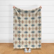 Large Symmetrical Bohemian Western Ikat - Beige Brown and Blue - 12 Inch