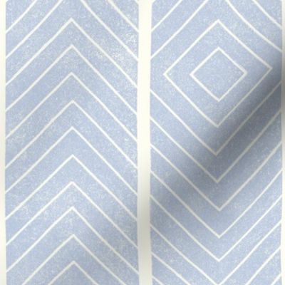 Large Chevron Block Printed Stripe in light blue on ecru off white