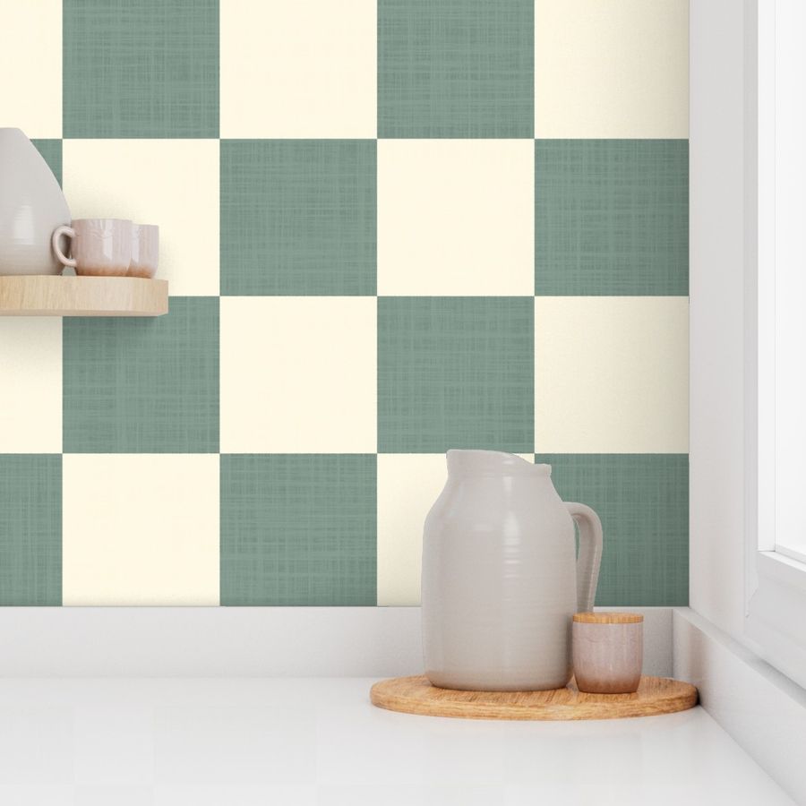 Sage Green and cream Checkerboard Linen Texture