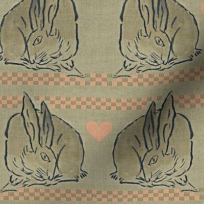 Amorous Spring Hares - taupe, charcoal & salmon pink.  Valentines Day.