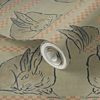 Amorous Spring Hares - taupe, charcoal & salmon pink.  Valentines Day.