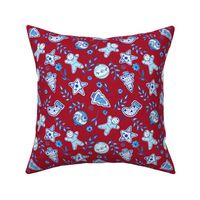 Ditsy Blue and White Delft Christmas Pattern on Red Background