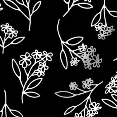 New Farmhouse Hand Drawn Flowers White on Black Bold Elegant Floral