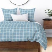 L - 4" White on Calming Blue - Double Grid Plaid - Windowpane Linen Look