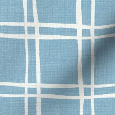 L - 4" White on Calming Blue - Double Grid Plaid - Windowpane Linen Look