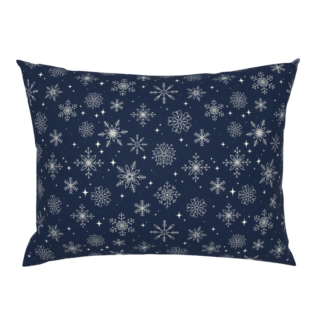 Medium Tossed Scandinavian Folk Line Art Snowflakes on midnight navy blue