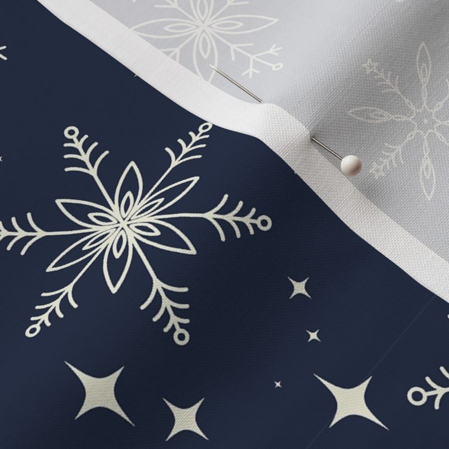 Medium Tossed Scandinavian Folk Line Art Snowflakes on midnight navy blue