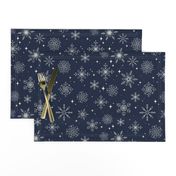 Medium Tossed Scandinavian Folk Line Art Snowflakes on midnight navy blue