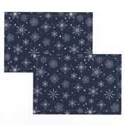 Medium Tossed Scandinavian Folk Line Art Snowflakes on midnight navy blue