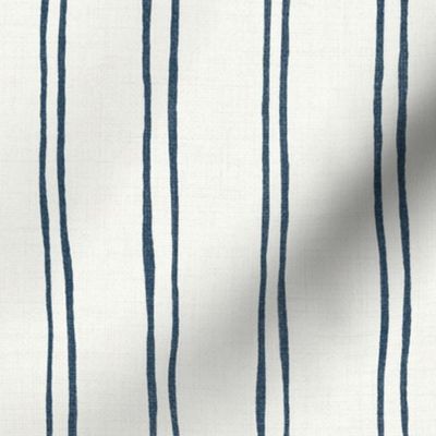 M - 2" Deep Navy Blue on White - Vertical Double Stripes Linen Look