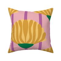 Bold-geometric-fudge-brown-yellow-flower-bloom-on-soft-pink-purple-stripes-