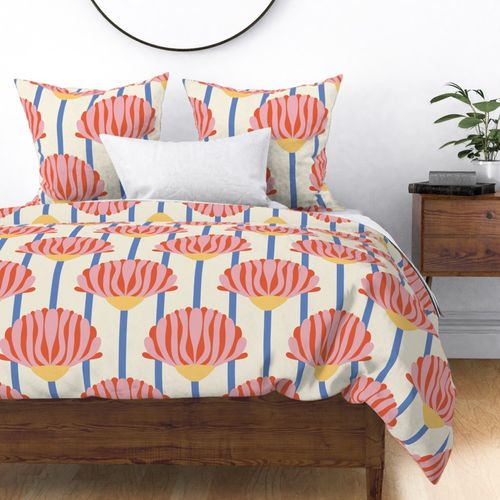 Bold-geometric-pink-red-orange-flower-bloom-on-soft-white-blue-stripes---L-