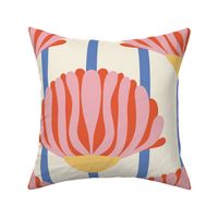 Bold-geometric-pink-red-orange-flower-bloom-on-soft-white-blue-stripes---L-