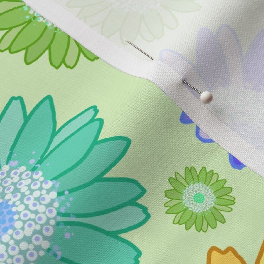 Daisies Galore - Pastel Rainbow on Soft Lime Green