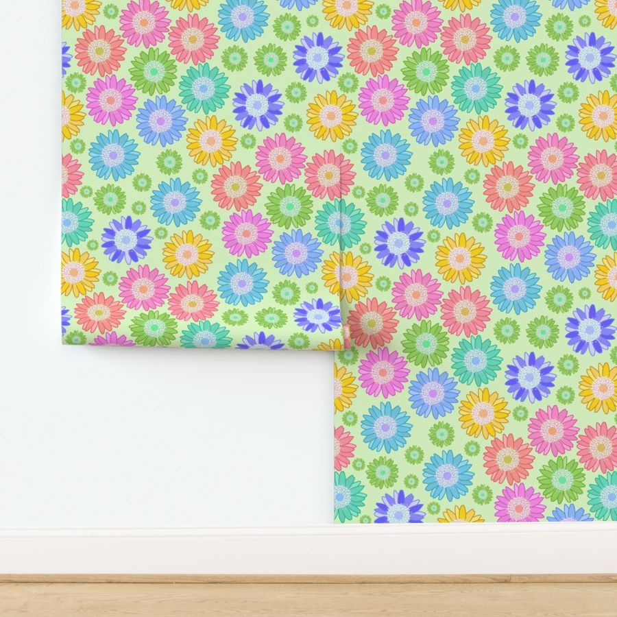 Daisies Galore - Pastel Rainbow on Soft Lime Green