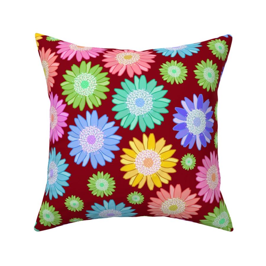 Daisies Galore - Pastel Rainbow on Rich Crimson Russet Red