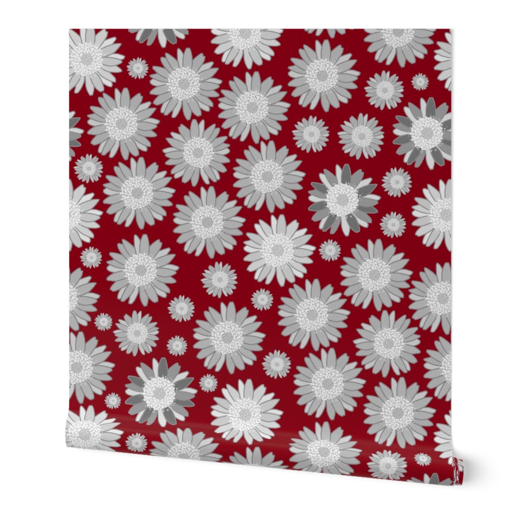 Daisies Galore - Silver Greyscale on Rich Crimson Russet Red