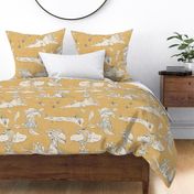 Jumbo Storybook Toile - Yellow With Beige And Blue - Linen Texture - 24"