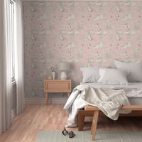 Jumbo Storybook Toile - Soft Pink Beige Green - Linen Texture - 24"